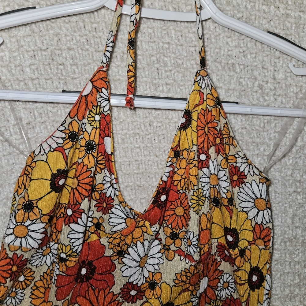 70s floral print halter dress for warmer weather.